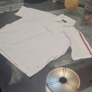 Nike Sphere  Men's Large Polo Golf Shirt in White with Red Stripes 2000's